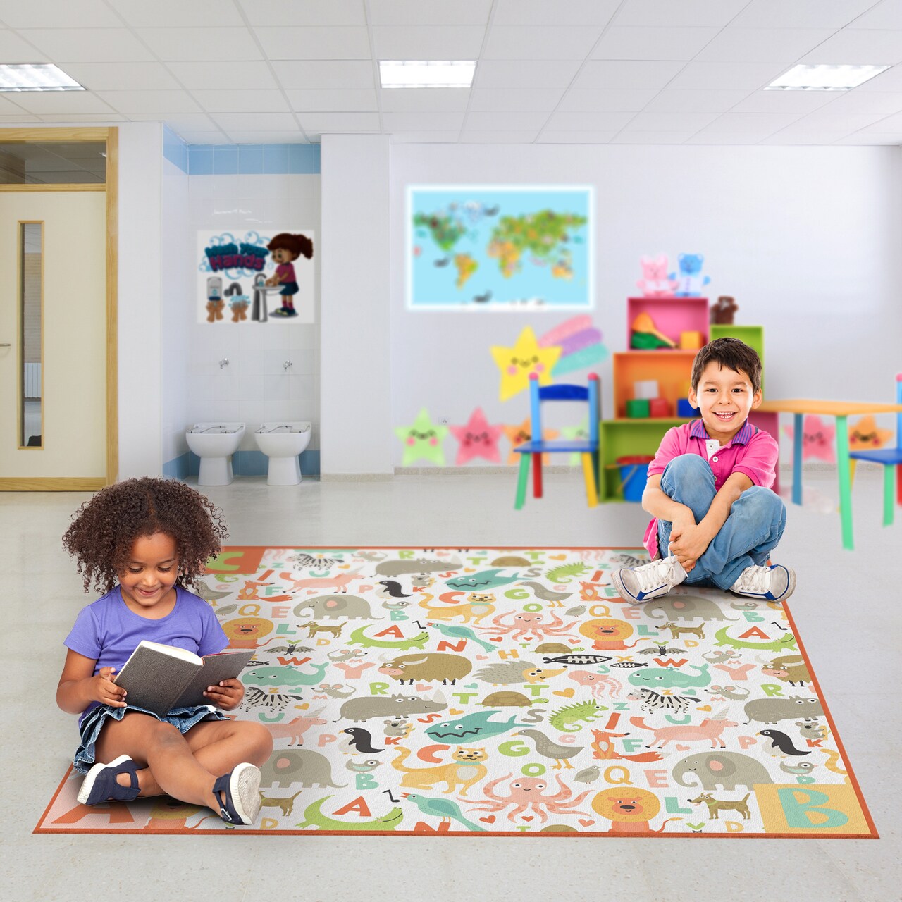Deerlux 6 ft. Social Distancing Colorful Kids Classroom Seating Area Rug, ABC Animal Design